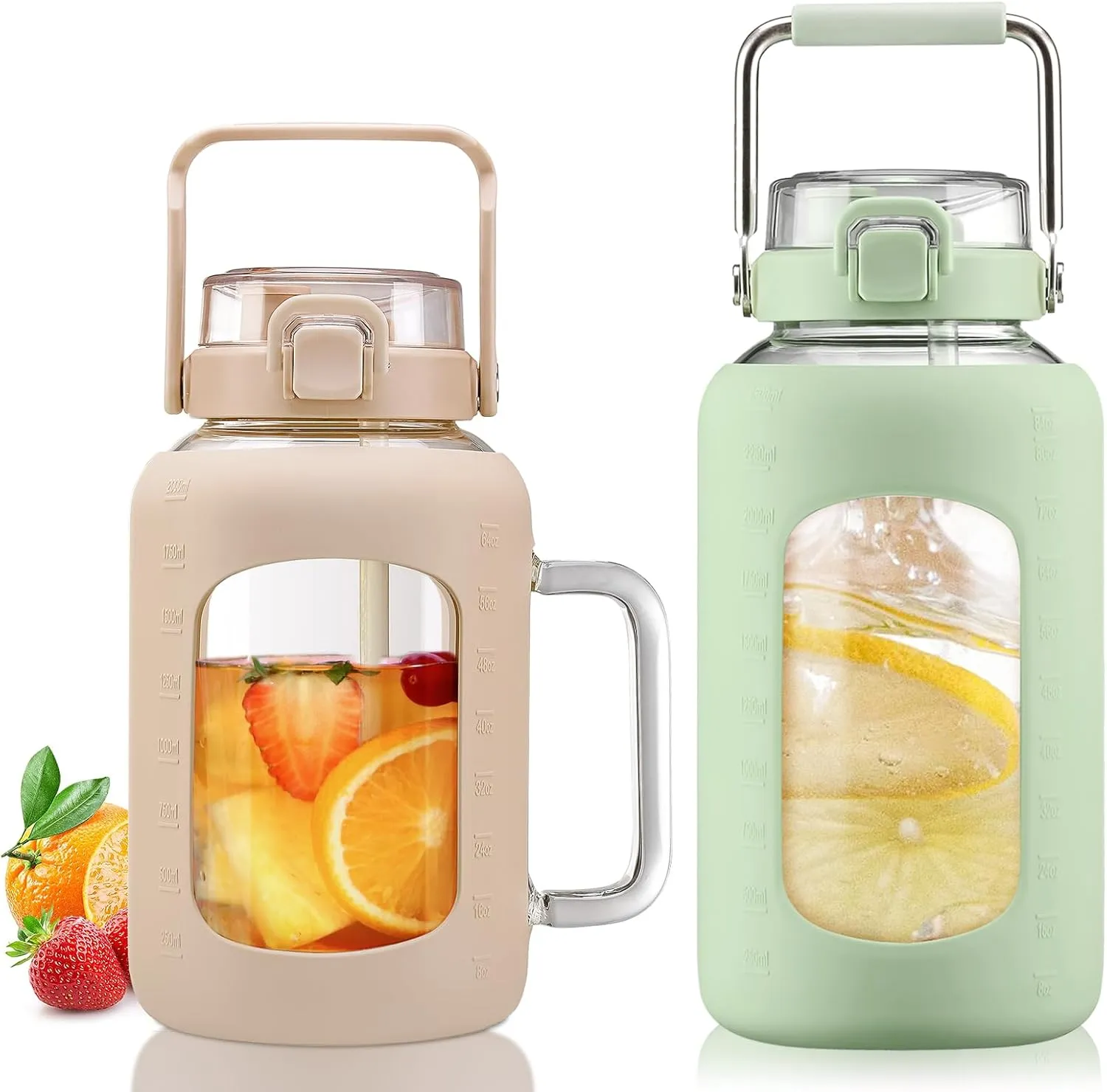 BLUEGO 64oz and 84oz Glass Water Bottles Bundle(64 Amber   84 LGreen) with Straw and Lids Handle Large Water Tumbler with Sleeve, Glass Water Container, 2 Liter Water Jug Glass, BPA Free