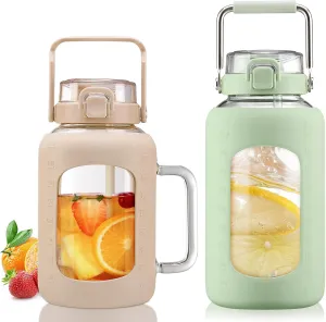 BLUEGO 64oz and 84oz Glass Water Bottles Bundle(64 Amber   84 LGreen) with Straw and Lids Handle Large Water Tumbler with Sleeve, Glass Water Container, 2 Liter Water Jug Glass, BPA Free