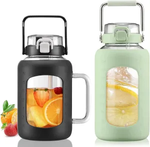 BLUEGO 64oz and 84oz Glass Water Bottles Bundle(64 Black   84 LGreen) with Straw and Lids Handle Large Water Tumbler with Sleeve, Glass Water Container, 2 Liter Water Jug Glass, BPA Free