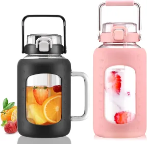 BLUEGO 64oz and 84oz Glass Water Bottles Bundle(64 Black   84 Pink) with Straw and Lids Handle Large Water Tumbler with Sleeve, Glass Water Container, 2 Liter Water Jug Glass, BPA Free