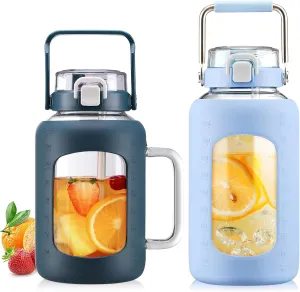 BLUEGO 64oz and 84oz Glass Water Bottles Bundle(64 DBlue   84 Blue) with Straw and Lids Handle Large Water Tumbler with Sleeve, Glass Water Container, 2 Liter Water Jug Glass, BPA Free