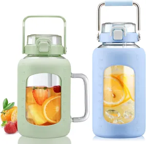 BLUEGO 64oz and 84oz Glass Water Bottles Bundle(64 LGreen   84 Blue) with Straw and Lids Handle Large Water Tumbler with Sleeve, Glass Water Container, 2 Liter Water Jug Glass, BPA Free