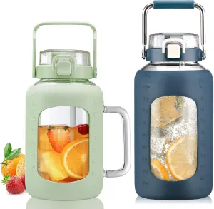 BLUEGO 64oz and 84oz Glass Water Bottles Bundle(64 LGreen   84 DBlue) with Straw and Lids Handle Large Water Tumbler with Sleeve, Glass Water Container, 2 Liter Water Jug Glass, BPA Free