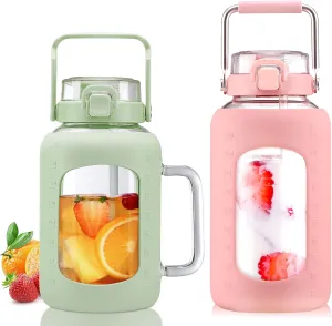 BLUEGO 64oz and 84oz Glass Water Bottles Bundle(64 LGreen   84 Pink) with Straw and Lids Handle Large Water Tumbler with Sleeve, Glass Water Container, 2 Liter Water Jug Glass, BPA Free