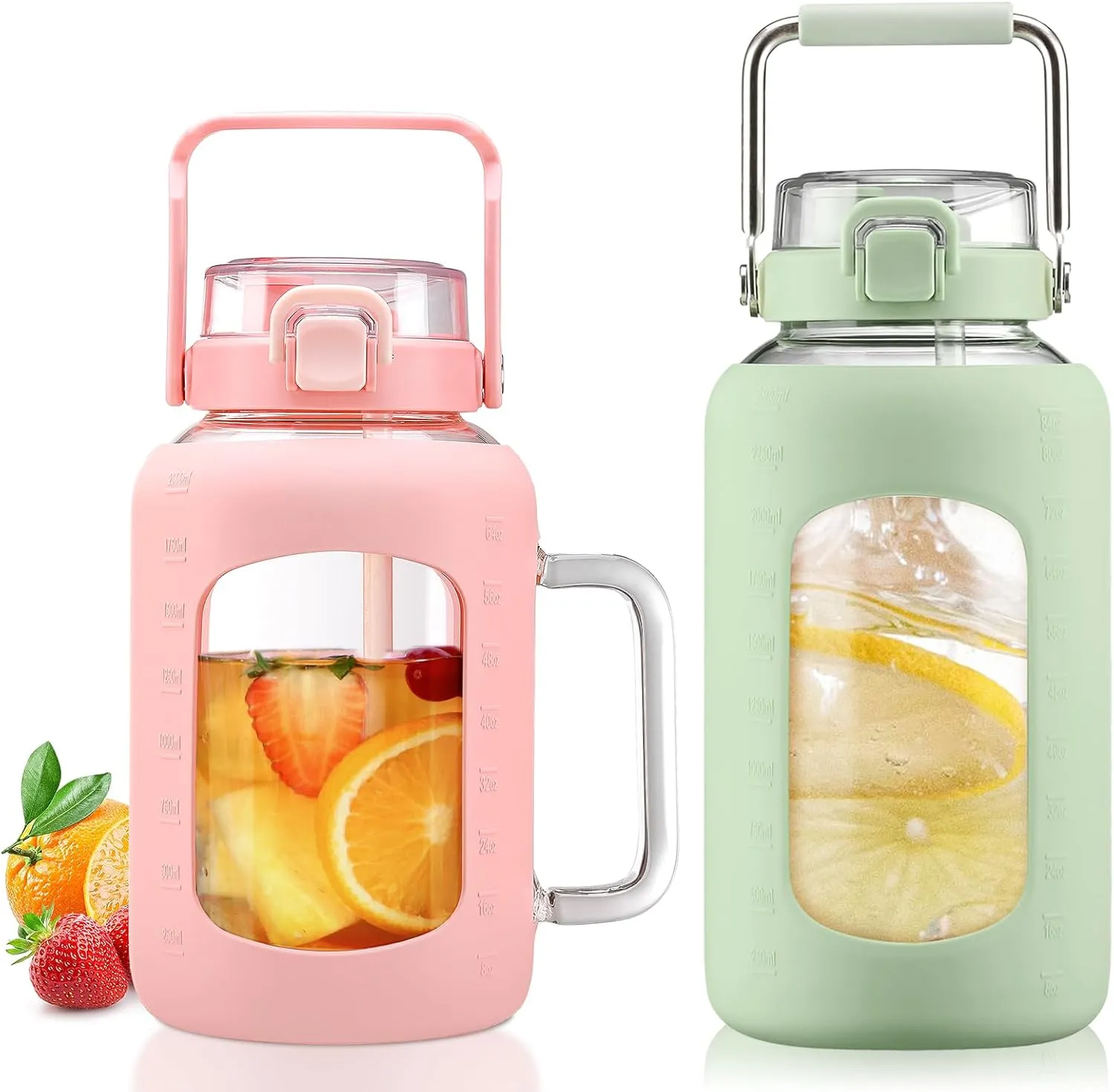 BLUEGO 64oz and 84oz Glass Water Bottles Bundle(64 Pink   84 LGreen) with Straw and Lids Handle Large Water Tumbler with Sleeve, Glass Water Container, 2 Liter Water Jug Glass, BPA Free
