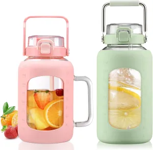 BLUEGO 64oz and 84oz Glass Water Bottles Bundle(64 Pink   84 LGreen) with Straw and Lids Handle Large Water Tumbler with Sleeve, Glass Water Container, 2 Liter Water Jug Glass, BPA Free