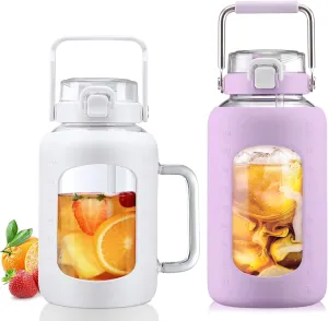 BLUEGO 64oz and 84oz Glass Water Bottles Bundle(64 White   84 Purple) with Straw and Lids Handle Large Water Tumbler with Sleeve, Glass Water Container, 2 Liter Water Jug Glass, BPA Free