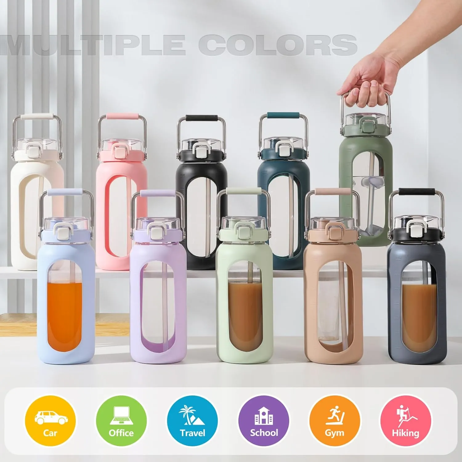BLUEGO 64oz Water Bottle Glass with Stainless Steel Handle Large Water Bottle with Time Markers and Silicone Sleeve Half Gallon Water Jug BPA Free for Gym Daily Use, Light Green