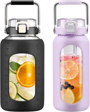 BLUEGO 84oz and 64oz Glass Water Bottles Bundle(84 Black   64 Purple) with Straw and Stainless Steel Handle, Large Water Bottle with Sleeve, Half Gallon Water Jug, Glass Water Container, BPA Free