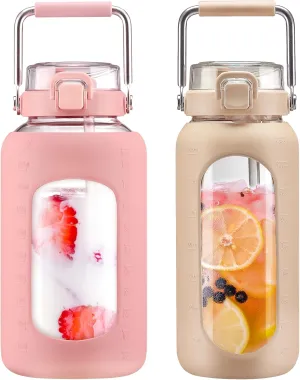 BLUEGO 84oz and 64oz Glass Water Bottles Bundle(84 Pink   64 Amber) with Straw and Stainless Steel Handle, Large Water Bottle with Sleeve, Half Gallon Water Jug, Glass Water Container, BPA Free