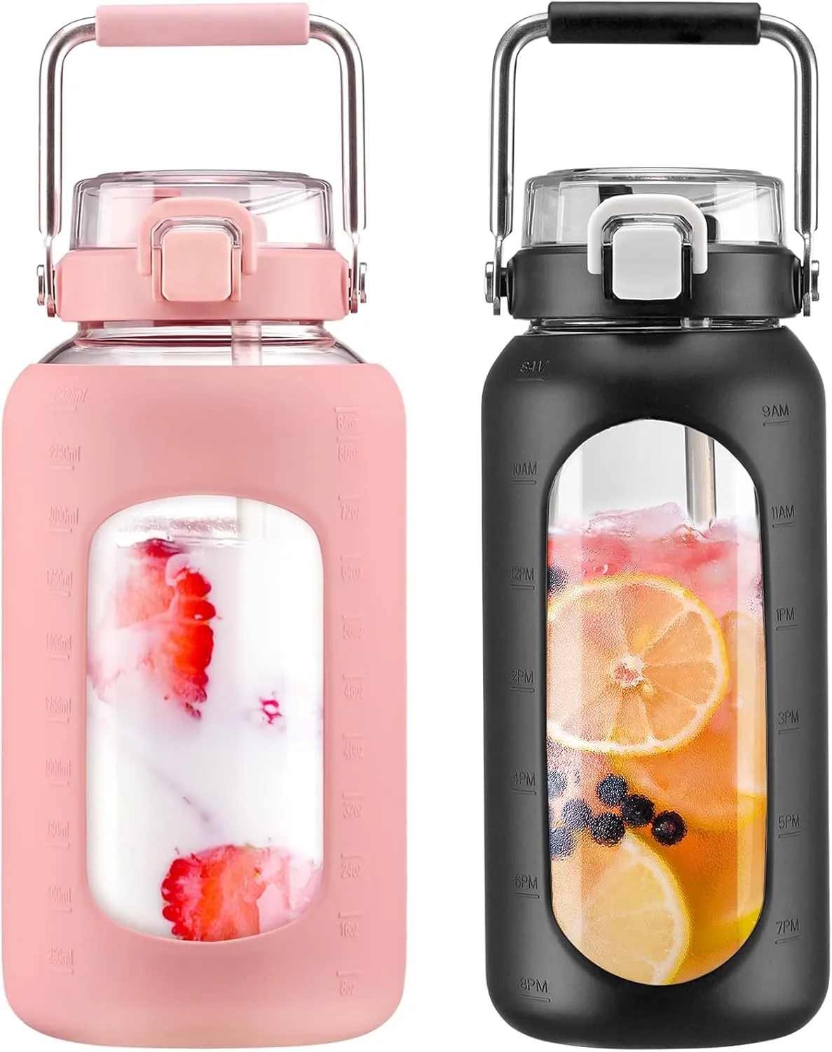 BLUEGO 84oz and 64oz Glass Water Bottles Bundle(84 Pink   64 Black) with Straw and Stainless Steel Handle, Large Water Bottle with Sleeve, Half Gallon Water Jug, Glass Water Container, BPA Free