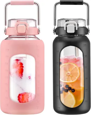 BLUEGO 84oz and 64oz Glass Water Bottles Bundle(84 Pink   64 Black) with Straw and Stainless Steel Handle, Large Water Bottle with Sleeve, Half Gallon Water Jug, Glass Water Container, BPA Free