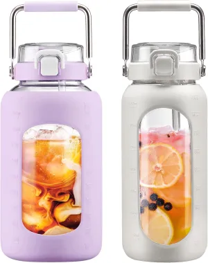 BLUEGO 84oz and 64oz Glass Water Bottles Bundle(84 Purple   64 White) with Straw and Stainless Steel Handle, Large Water Bottle with Sleeve, Half Gallon Water Jug, Glass Water Container, BPA Free