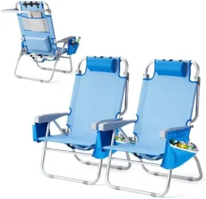 Bonnlo 2 Pack Backpack Beach Chair with 5-Position, Cup Holders, Cooler Bag, Towel Bar, Lightweight Folding Beach Camping Chairs for Adults Blue/Green/Rainbow Bag Chairs Reclining
