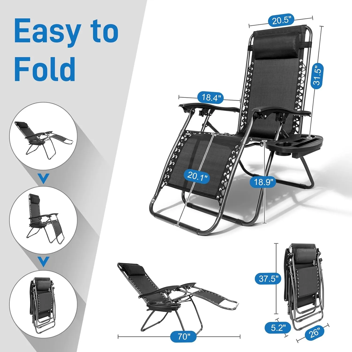 Bonnlo Zero Gravity Chair Set of 2 Patio Folding Lounge Chairs Outdoor Recliners with Pillow and Cup Holder Adjustable Reclining Lawn Chair for Deck,Patio,Beach,Yard (Black)