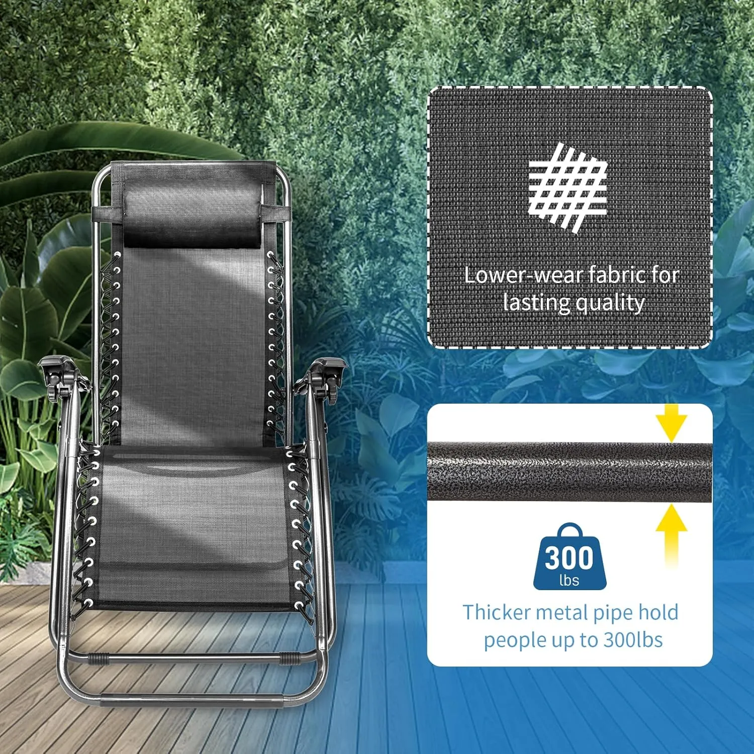 Bonnlo Zero Gravity Chair Set of 2 Patio Folding Lounge Chairs Outdoor Recliners with Pillow and Cup Holder Adjustable Reclining Lawn Chair for Deck,Patio,Beach,Yard (Black)