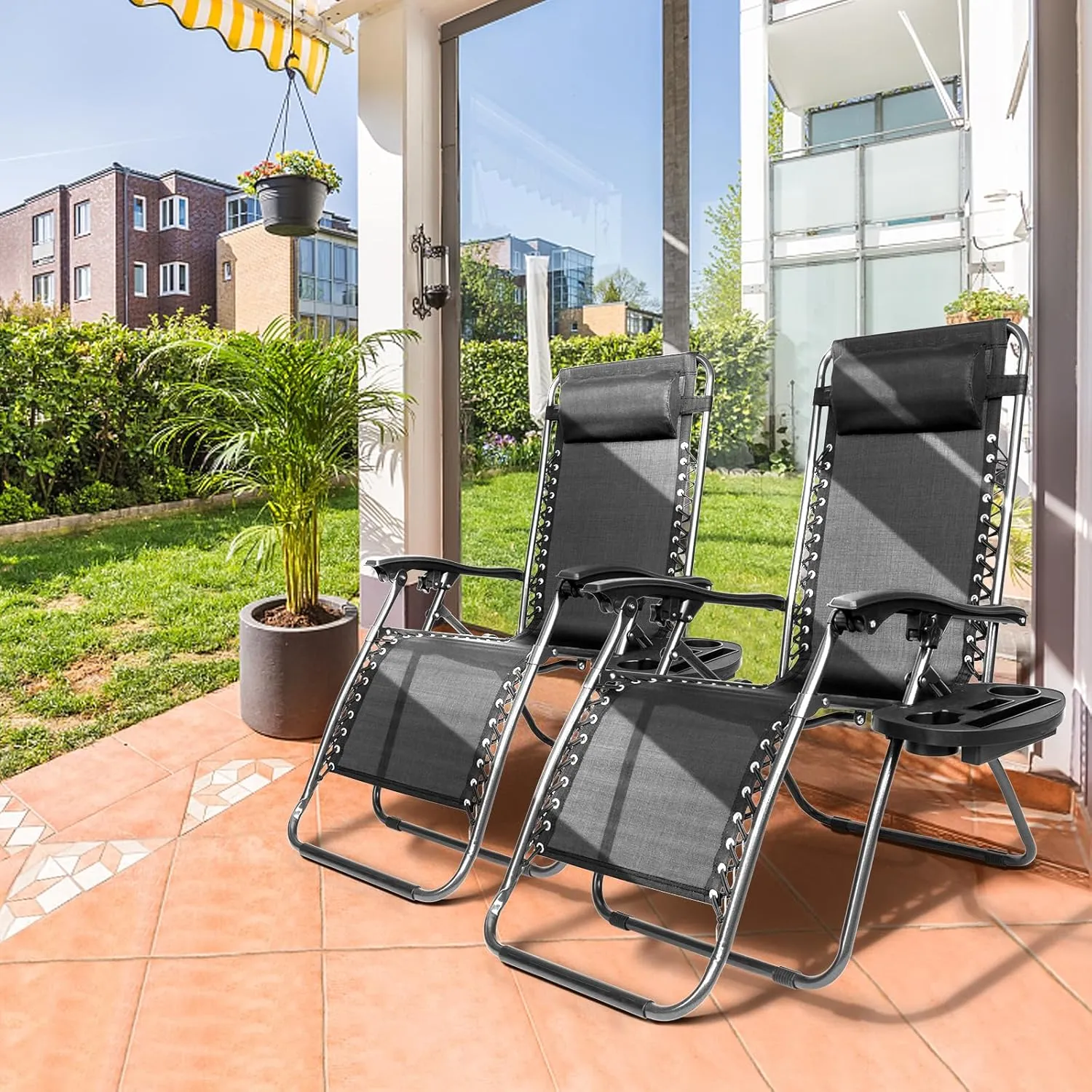 Bonnlo Zero Gravity Chair Set of 2 Patio Folding Lounge Chairs Outdoor Recliners with Pillow and Cup Holder Adjustable Reclining Lawn Chair for Deck,Patio,Beach,Yard (Black)