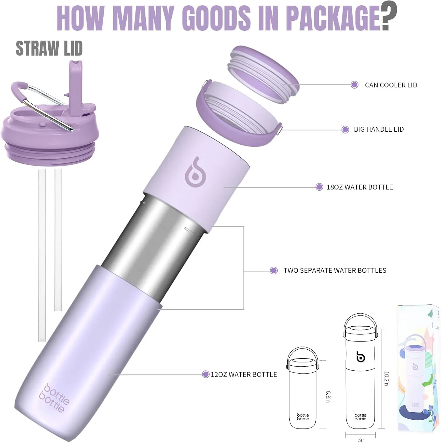 BOTTLE BOTTLE Insulated Water Bottle for Sports with Straw,2 lids,18 oz 3IN1 Water Bottles for Slim Can Coolers and Kids Tumbler, Stainless Steel Metal Bottles for Outdoor Activities(Purple)