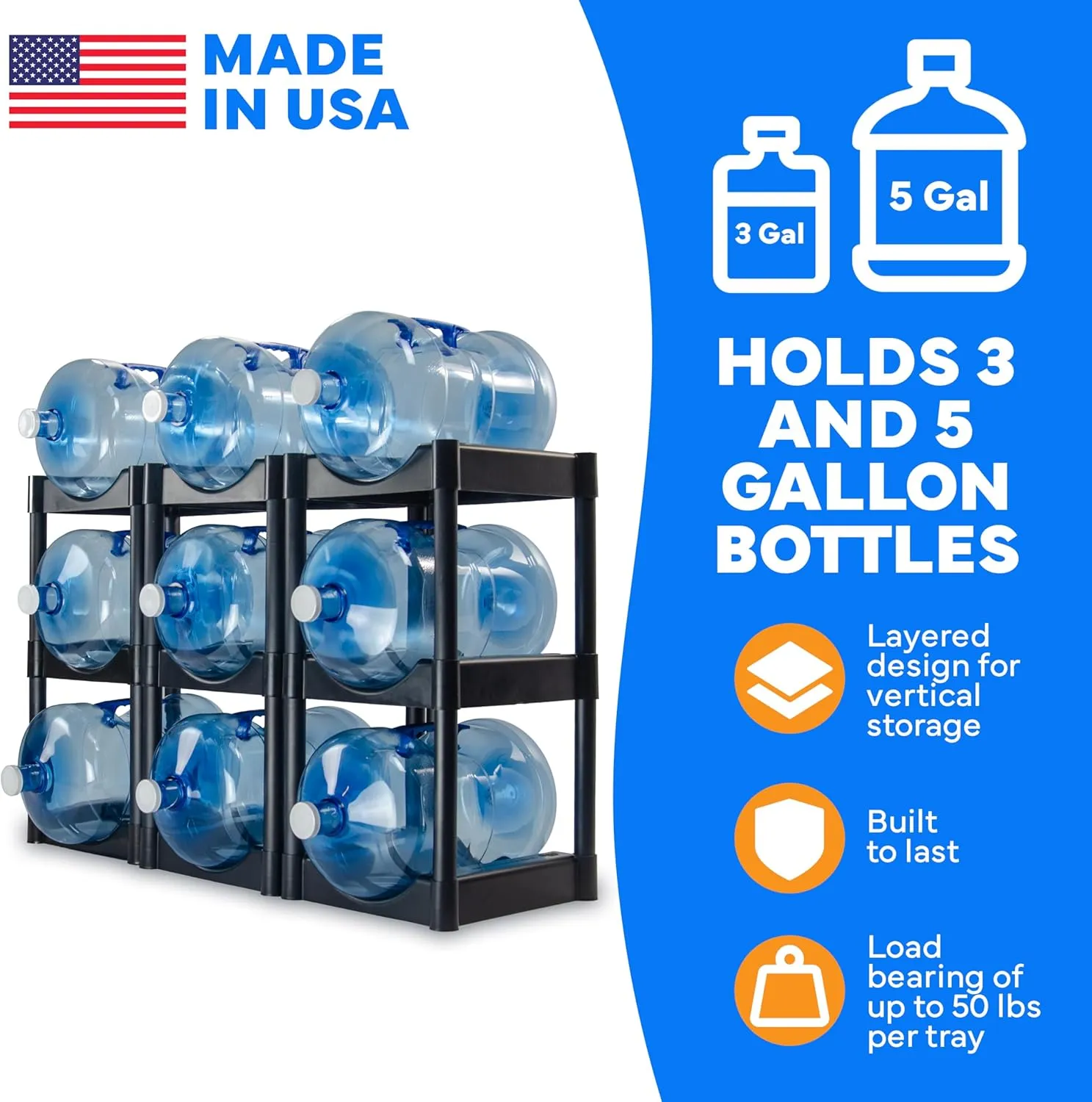 Bottle Buddy Water Bottle Storage Rack 9 Tray - Plastic Water Bottle Organizer or Three to Five Gallon Bottle Storage – Customizable Water Gallon Holder for Easy Storage and Organization
