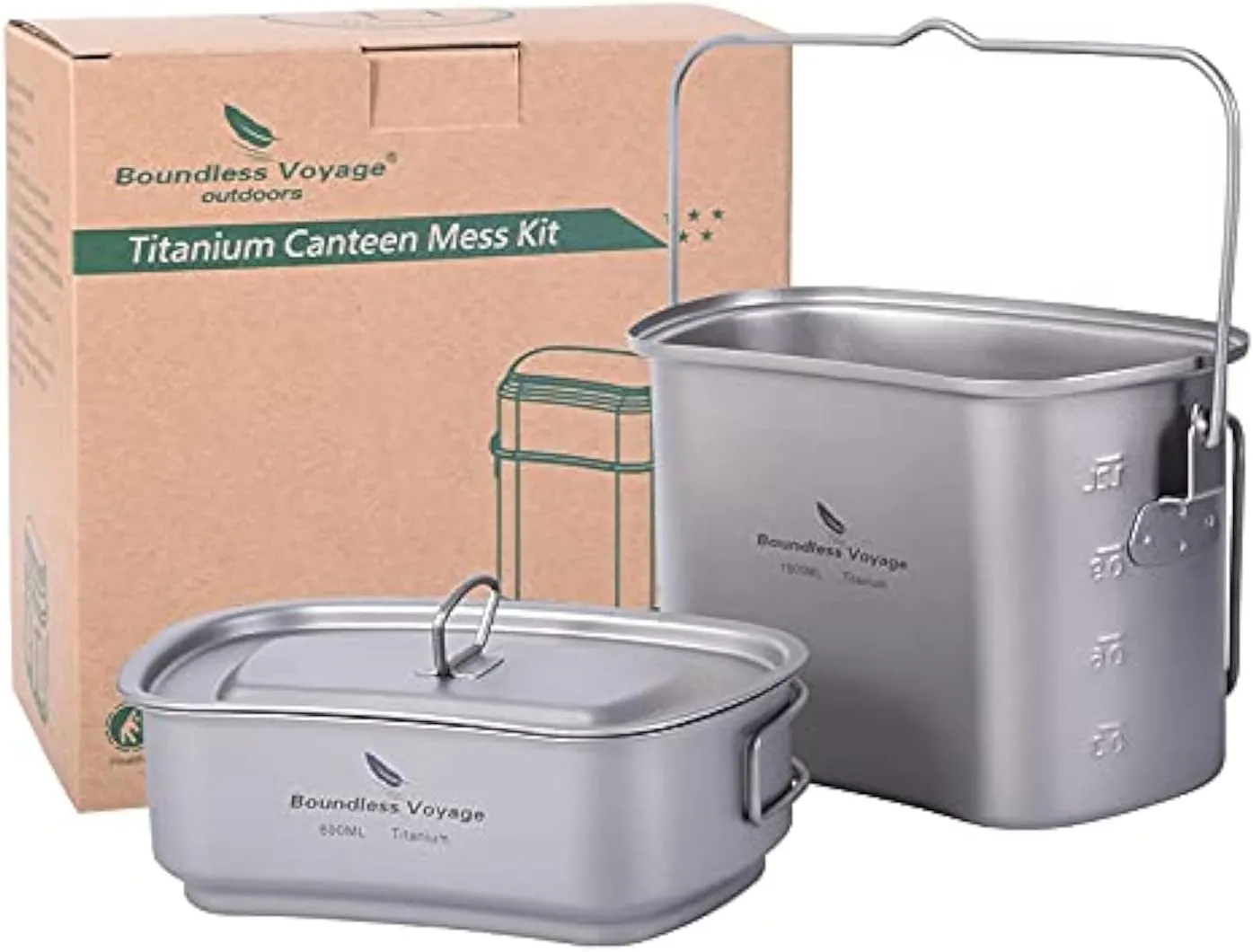 Boundless Voyage Titanium Camping Cookware Set 1500ml & 600ml Military Mess Kit with Lid Ultralight Backpacking Pot & Cup with Folding Handles for Hiking, Travel Portable Outdoor Cooking Kit Ti2059C