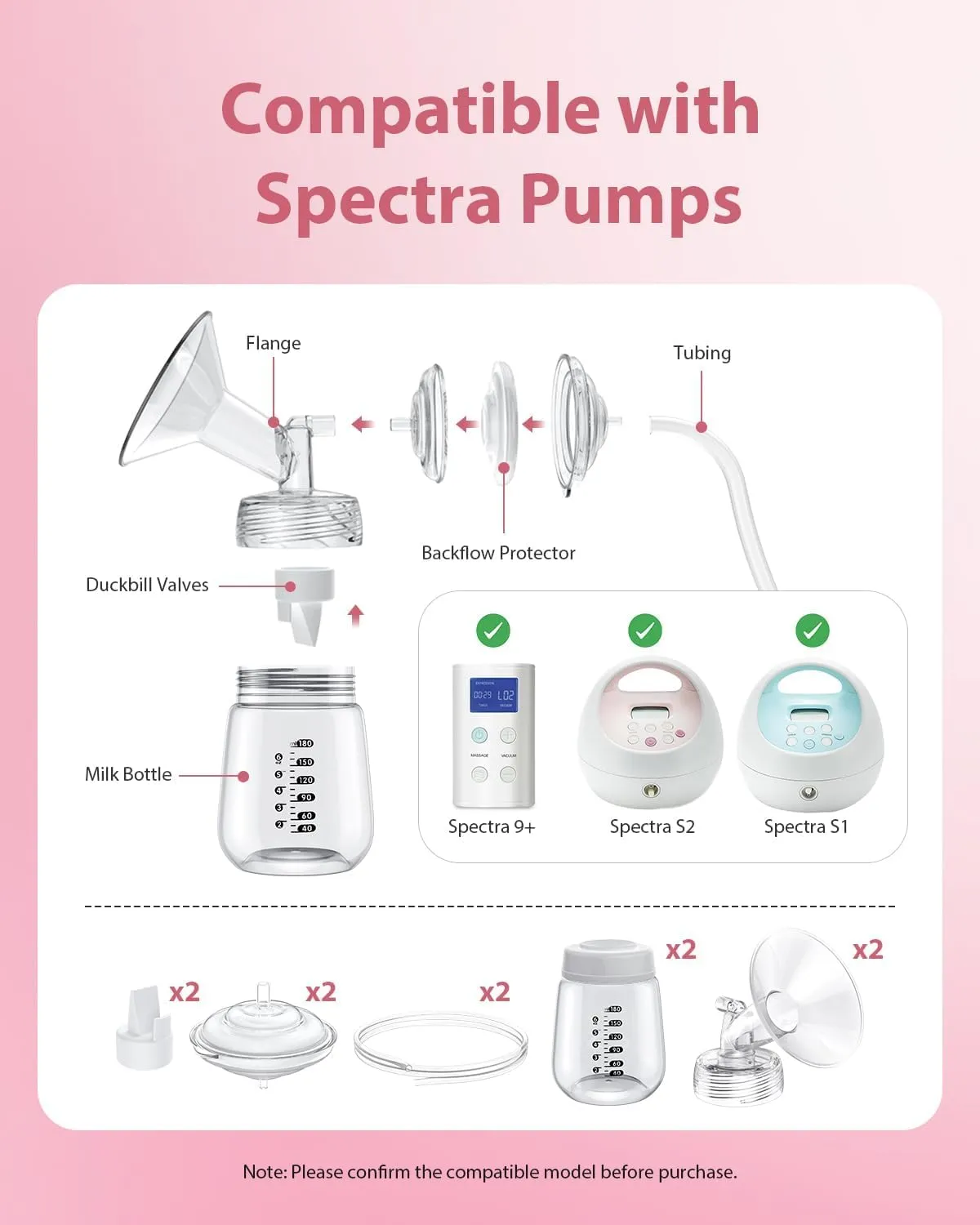 Breast Pump Parts Compatible with Spectra S1/S2/9 Plus, Not Original Accessories, Full Set Replacements Include 24mm Flanges, Valves, Backflow Protectors (Duckbills Included), Tubings and Bottles