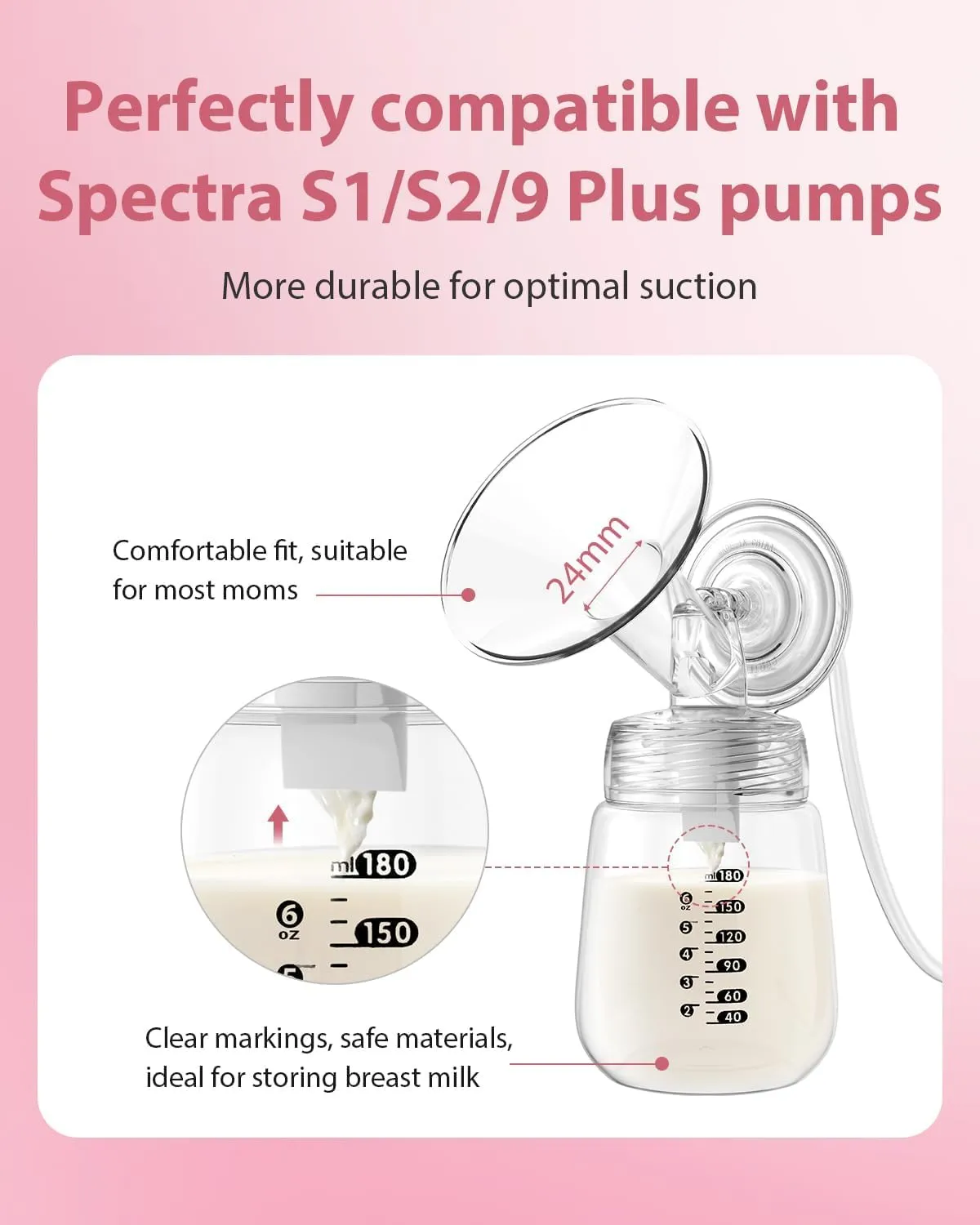 Breast Pump Parts Compatible with Spectra S1/S2/9 Plus, Not Original Accessories, Full Set Replacements Include 24mm Flanges, Valves, Backflow Protectors (Duckbills Included), Tubings and Bottles