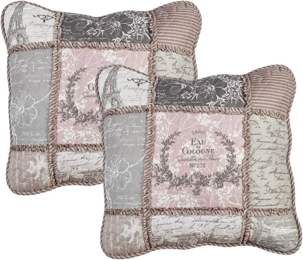 Brilliant Sunshine Latte Grey Paris and Toile Floral Patchwork Ruffle Pillowshams, Quilted Decorative Pillow Covers Set, Square Throw Cushion Cases for Couch, Chair, Bed, 18x18,Pack of 2, Latte Grey