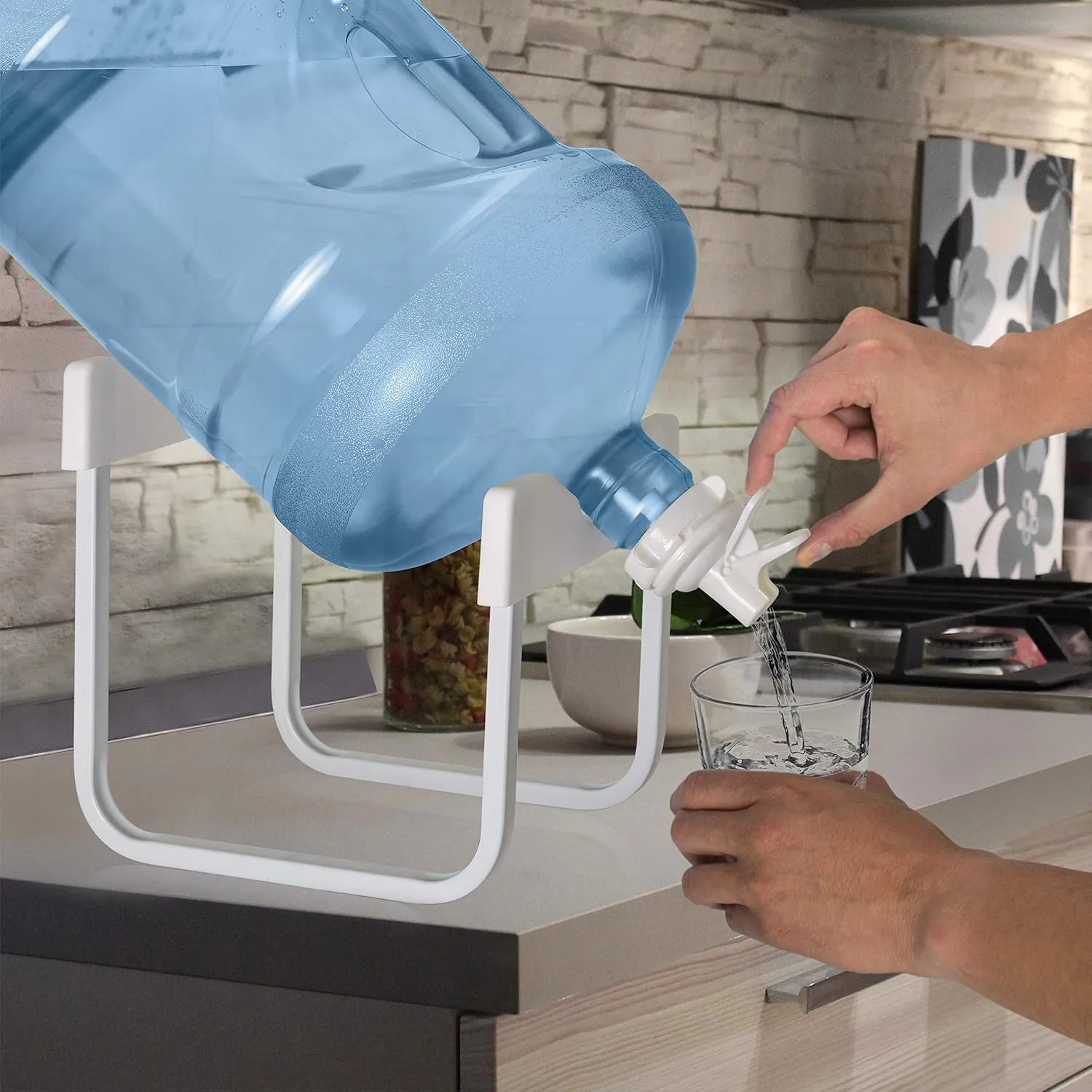 Brio Stainless Steel 3-5 Gallon Water Jug Stand and 2 Dispenser Valves, Non Slip Stand with BPA Free Fast Flow Water Spout Fits Both 48mm and 55mm Bottles 2 CAPS Included (White), 12 inches