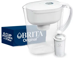 Brita Water Filter Pitcher for Tap and Drinking Water with 1 Standard Filter, Lasts 2 Months, 6-Cup Capacity, BPA Free, White