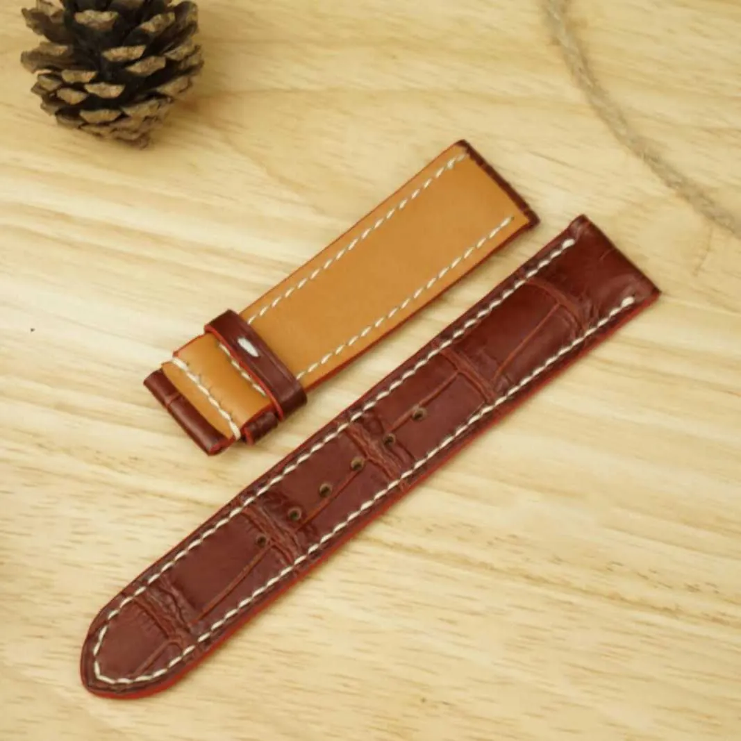 Brown Alligator watch strap, Premium Quality Alligator leather watch band (21mm, Steel Folding Clasp)