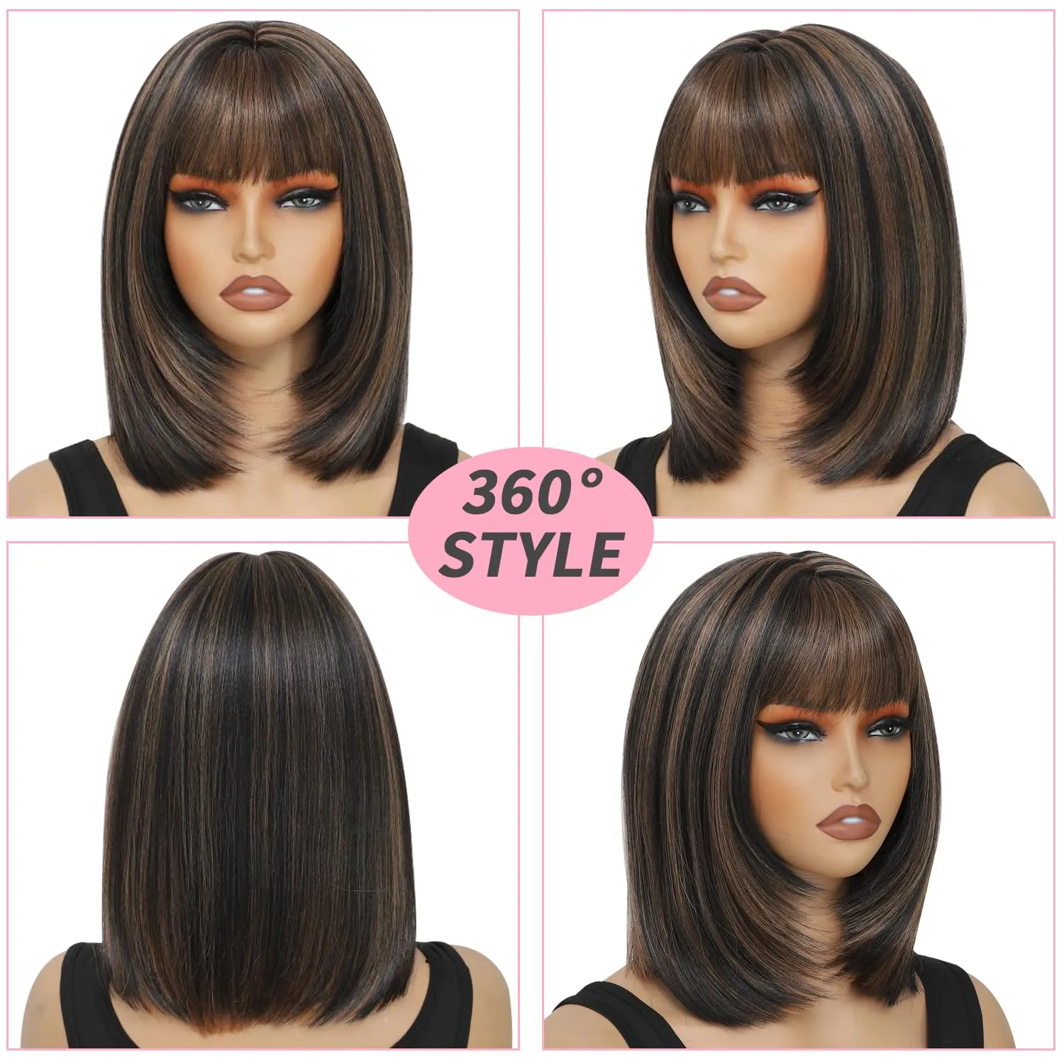 Brown Highlight Wig with Bangs Synthetic Wigs for Black Women Straight Bob Wigs with Bangs None Lace Front Short Wig with Pre Layered Cut Ready to Go Glueless Wig with Heat Resistant (16 Inch)