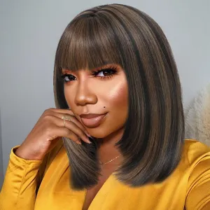 Brown Highlight Wig with Bangs Synthetic Wigs for Black Women Straight Bob Wigs with Bangs None Lace Front Short Wig with Pre Layered Cut Ready to Go Glueless Wig with Heat Resistant (16 Inch)