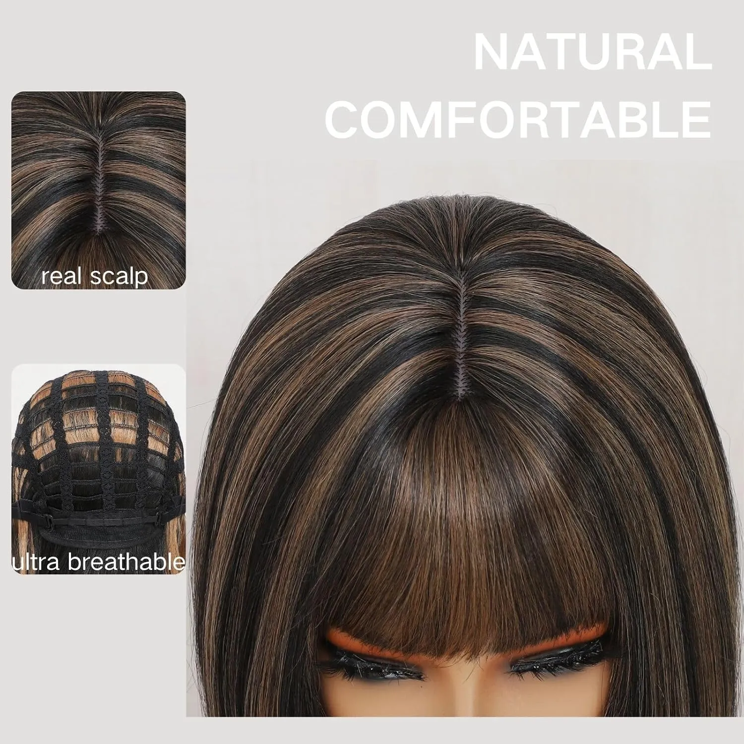 Brown Highlight Wig with Bangs Synthetic Wigs for Black Women Straight Bob Wigs with Bangs None Lace Front Short Wig with Pre Layered Cut Ready to Go Glueless Wig with Heat Resistant (16 Inch)
