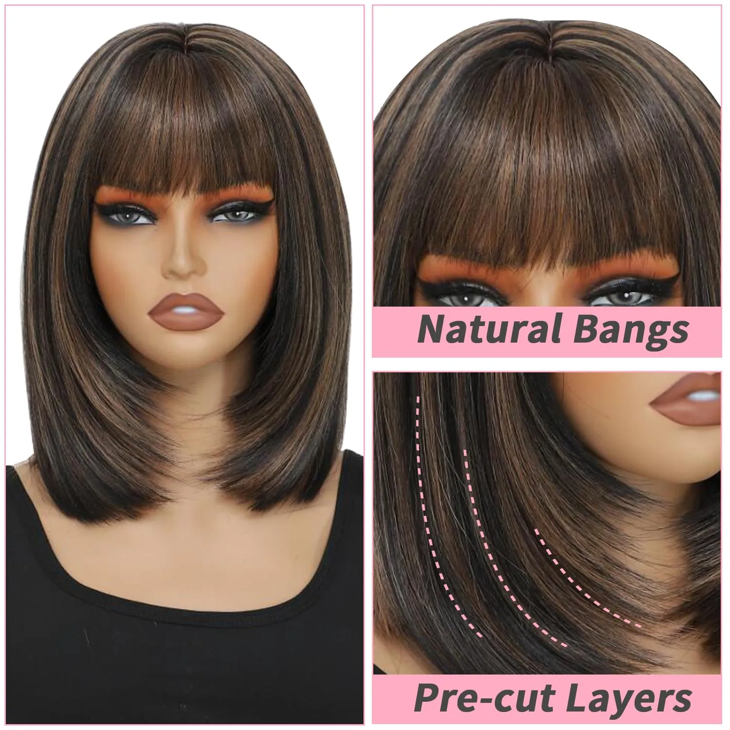 Brown Highlight Wig with Bangs Synthetic Wigs for Black Women Straight Bob Wigs with Bangs None Lace Front Short Wig with Pre Layered Cut Ready to Go Glueless Wig with Heat Resistant (16 Inch)