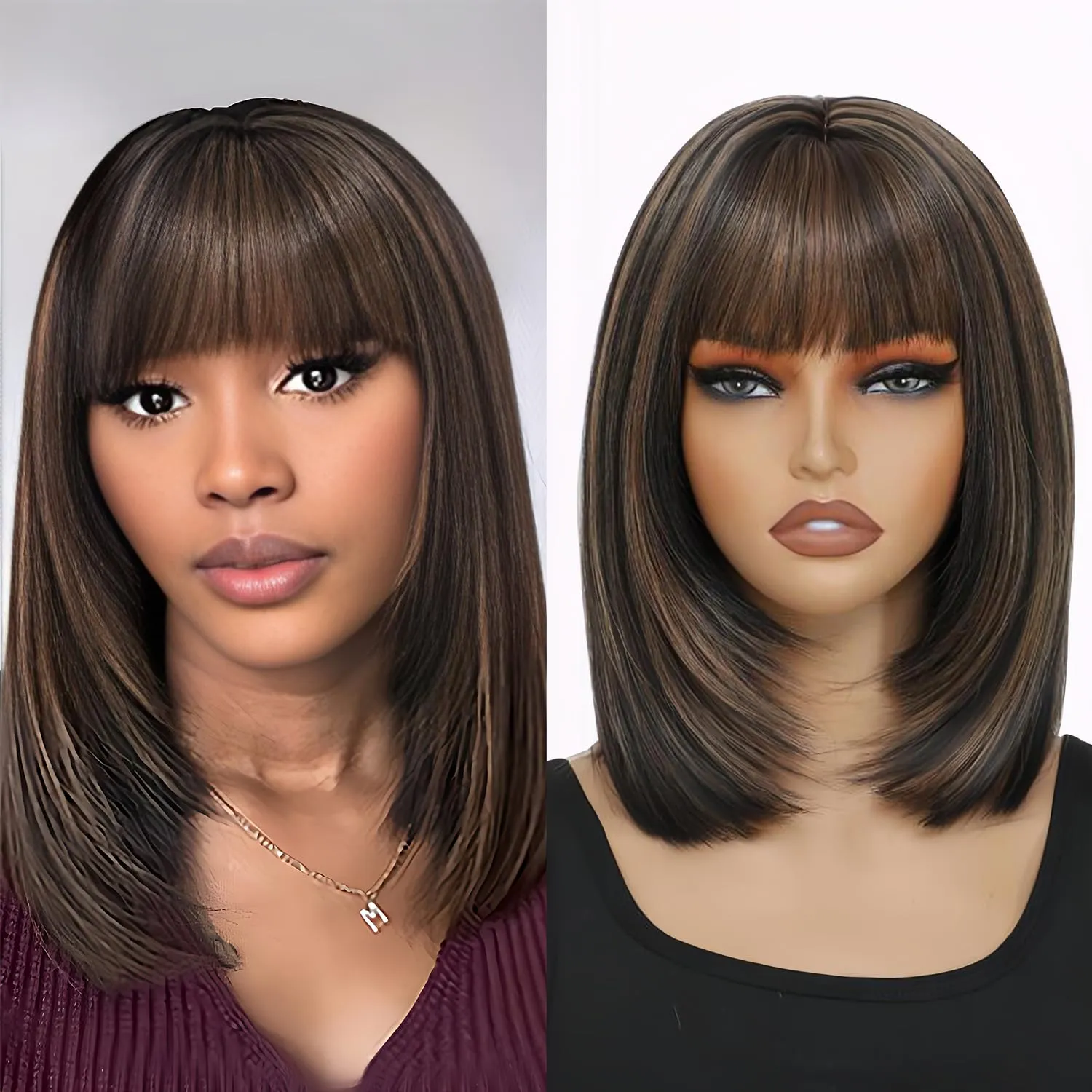 Brown Highlight Wig with Bangs Synthetic Wigs for Black Women Straight Bob Wigs with Bangs None Lace Front Short Wig with Pre Layered Cut Ready to Go Glueless Wig with Heat Resistant (16 Inch)