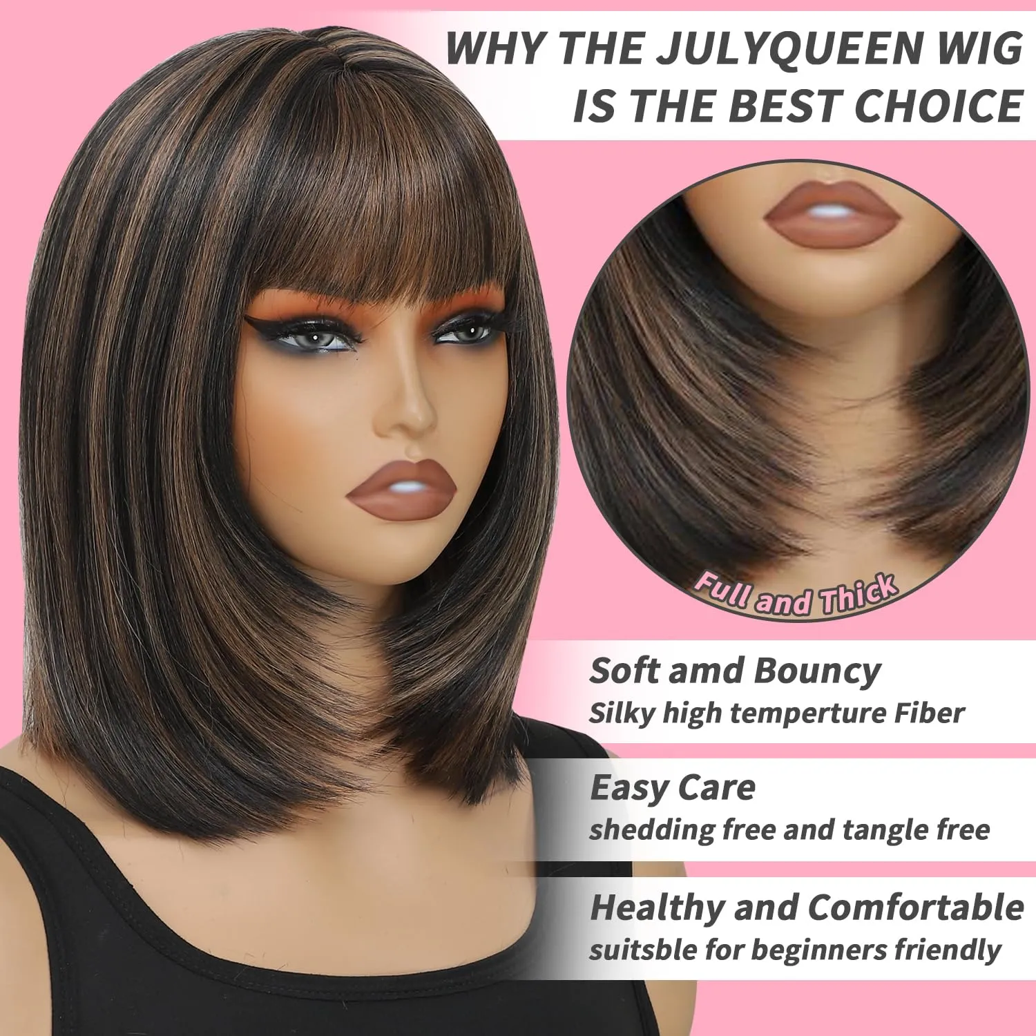Brown Highlight Wig with Bangs Synthetic Wigs for Black Women Straight Bob Wigs with Bangs None Lace Front Short Wig with Pre Layered Cut Ready to Go Glueless Wig with Heat Resistant (16 Inch)