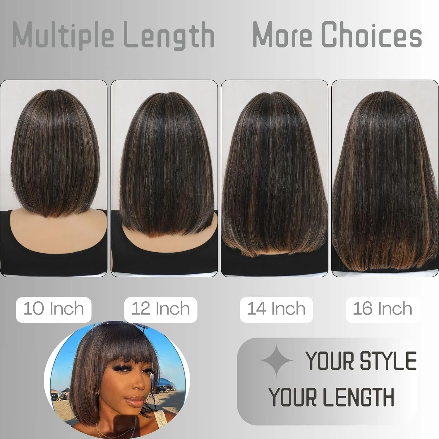 Brown Highlight Wig with Bangs Synthetic Wigs for Black Women Straight Bob Wigs with Bangs None Lace Front Short Wig with Pre Layered Cut Ready to Go Glueless Wig with Heat Resistant (16 Inch)