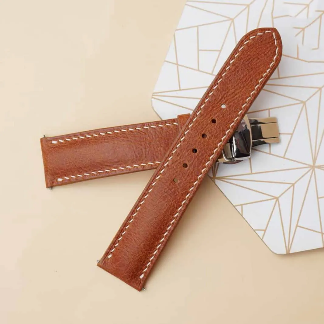 Brown Vintage leather watch band, Premium Tuscany Cow leather watch strap (17mm, Steel Folding Clasp)