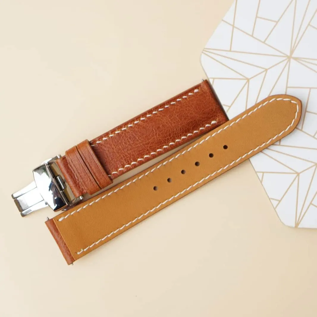 Brown Vintage leather watch band, Premium Tuscany Cow leather watch strap (17mm, Steel Folding Clasp)