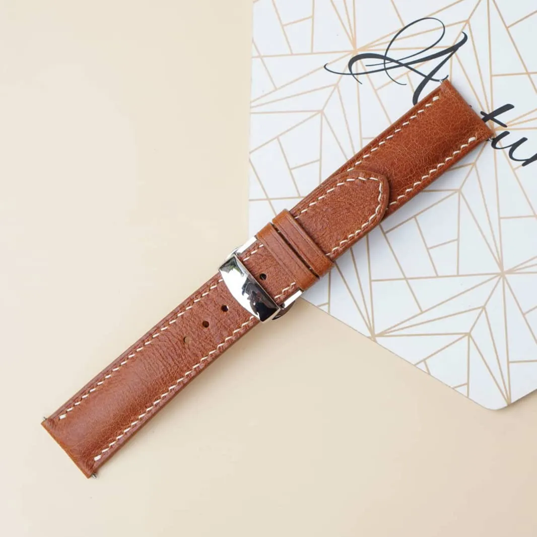 Brown Vintage leather watch band, Premium Tuscany Cow leather watch strap (17mm, Steel Folding Clasp)