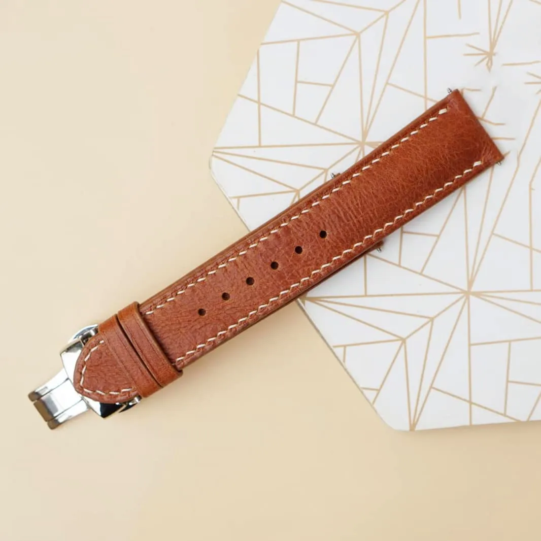 Brown Vintage leather watch band, Premium Tuscany Cow leather watch strap (17mm, Steel Folding Clasp)
