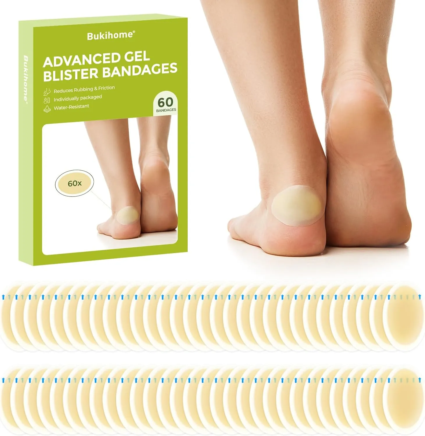 Bukihome Gel Blister Hydrocolloid Bandages - 60Pcs Blister Cushions for Foot - Water Resistant Adhesive Bandages, Toe Blister Pads for Prevention & Recovery, Reduce Friction with Heels (Heel Pack)
