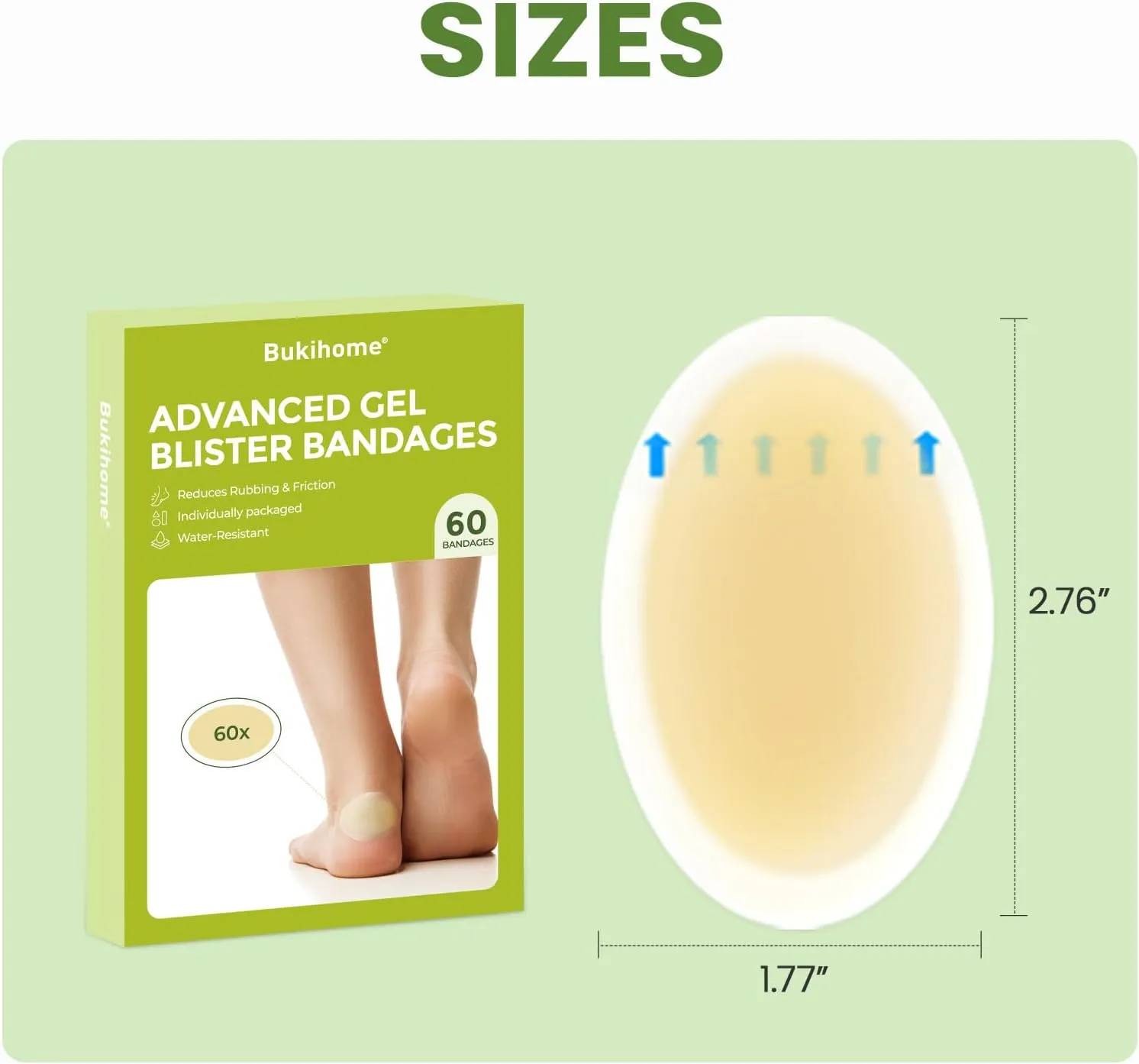Bukihome Gel Blister Hydrocolloid Bandages - 60Pcs Blister Cushions for Foot - Water Resistant Adhesive Bandages, Toe Blister Pads for Prevention & Recovery, Reduce Friction with Heels (Heel Pack)