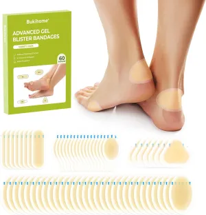 Bukihome Gel Blister Hydrocolloid Bandages - 60Pcs Blister Cushions for Foot - Water Resistant Adhesive Bandages, Toe Blister Pads for Prevention & Recovery, Reduce Friction with Heels (Variety Pack)