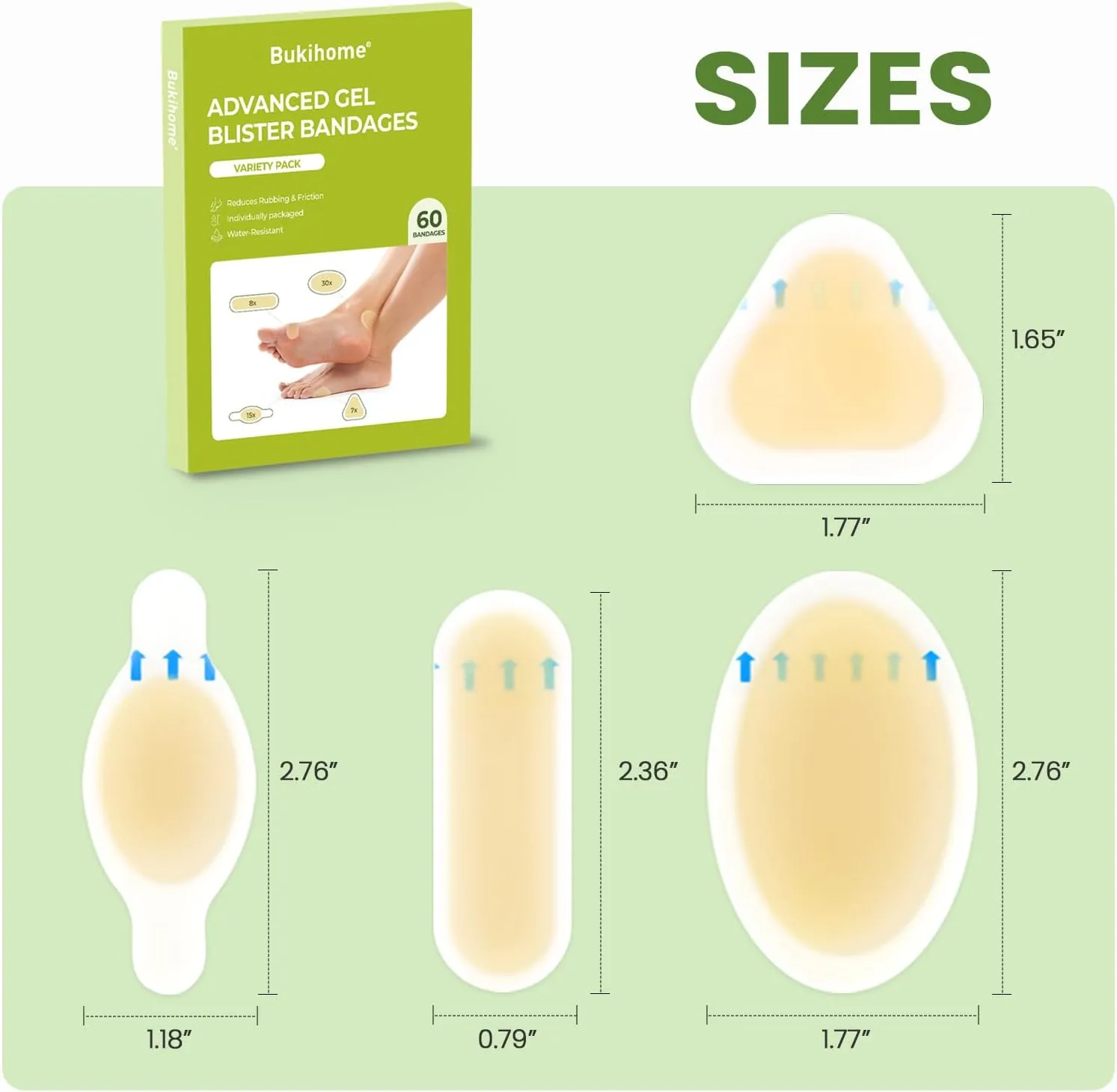 Bukihome Gel Blister Hydrocolloid Bandages - 60Pcs Blister Cushions for Foot - Water Resistant Adhesive Bandages, Toe Blister Pads for Prevention & Recovery, Reduce Friction with Heels (Variety Pack)