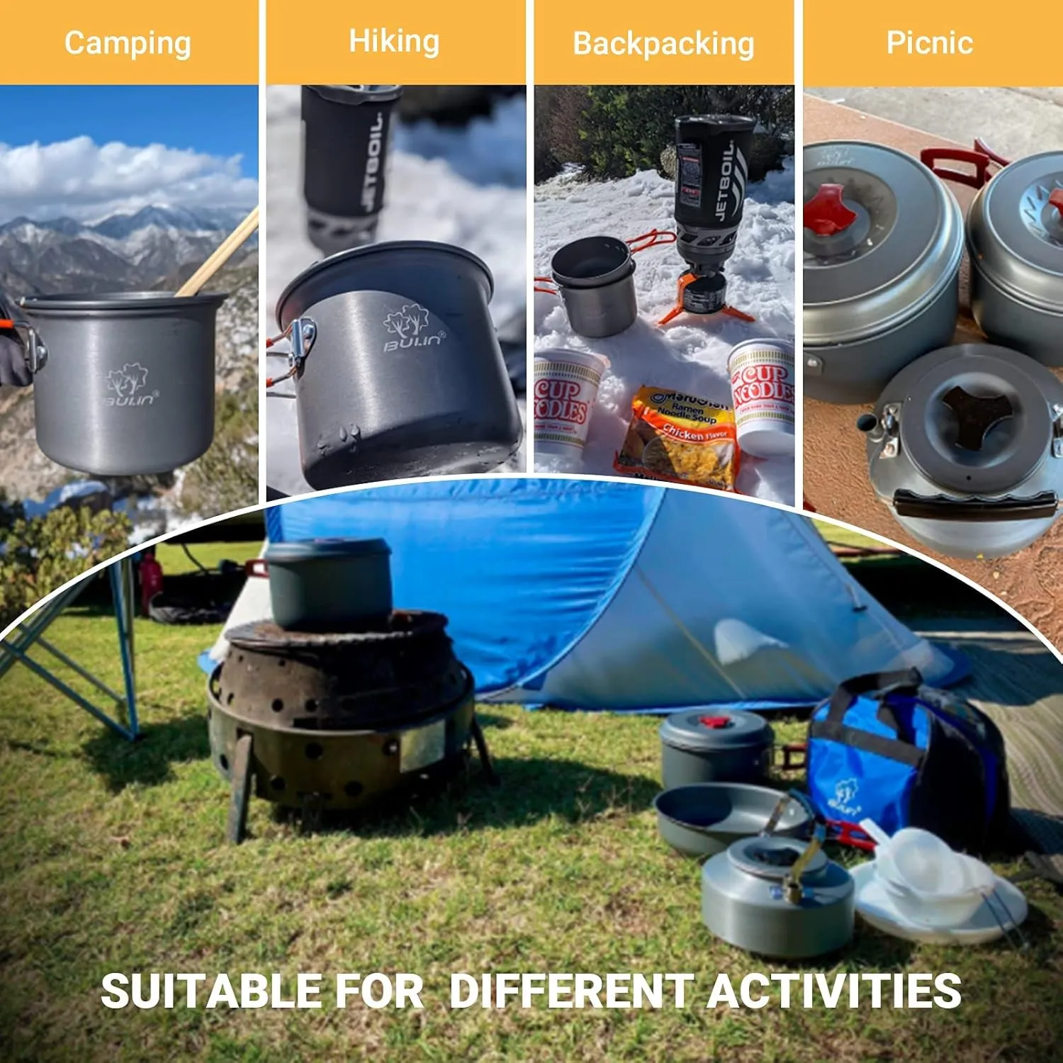 Bulin 24/13/11/8PCS Camping Cookware pots and Pans Backpacking Cooking Set Lightweight Cookware Mess kit Outdoor Cook Gear for Family Hiking Picnic