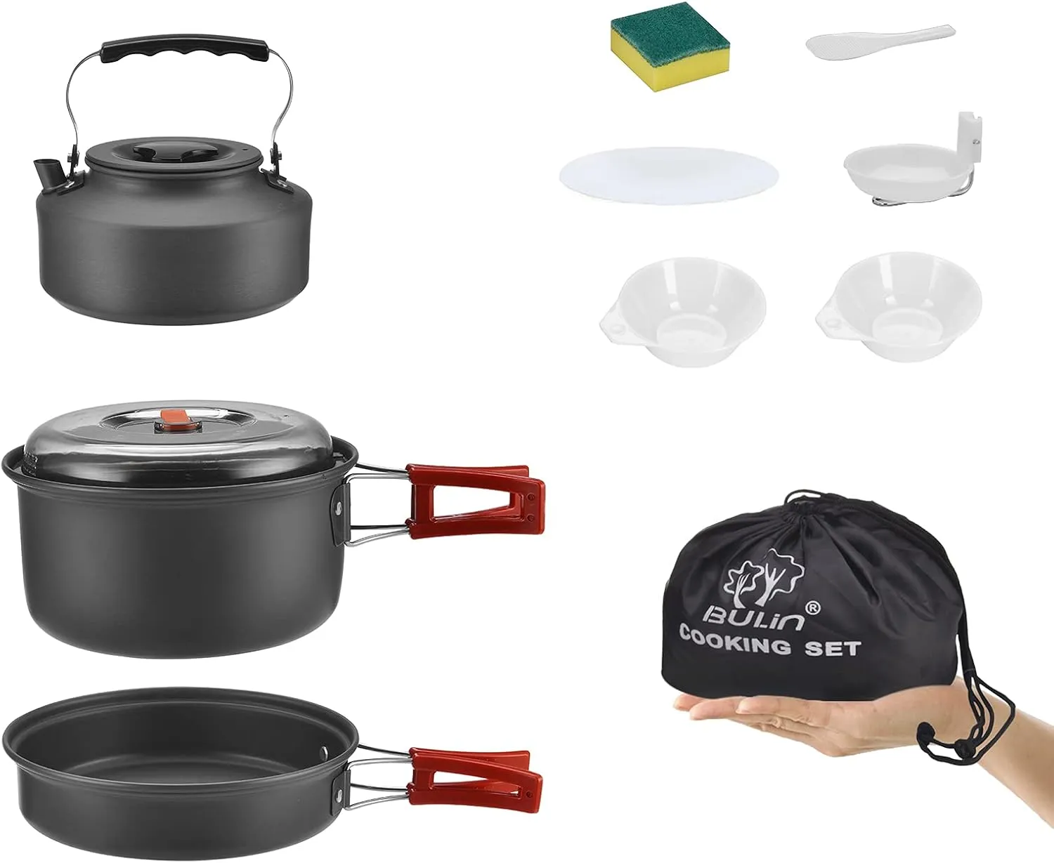 Bulin Camping Cookware Mess Kit, Backpack Portable Campfire Cooking Pots Pans Kettle Set, Lightweight Durable Cook Gear for Open Fire Hiking, Outdoor (BPA Free Bowls, Plates), 9 PCS