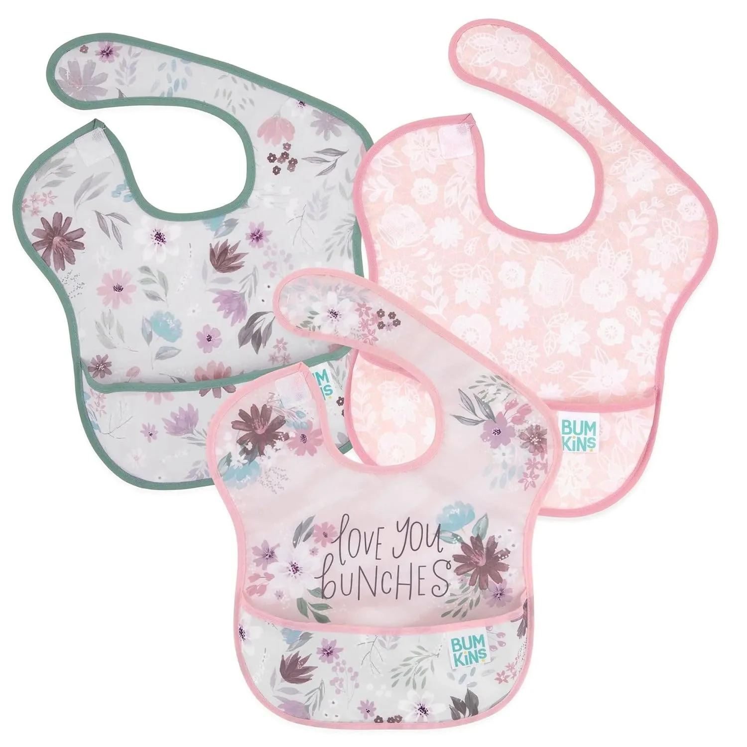 Bumkins Bibs for Girl or Boy, SuperBib Baby and Toddler for 6-24 Months, Essential Must Have for Eating, Feeding, Baby Led Weaning Supplies, Mess Saving Catch Food, Fabric 3-pk Floral and Lace