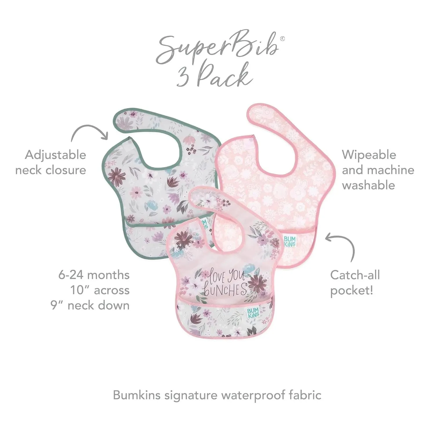 Bumkins Bibs for Girl or Boy, SuperBib Baby and Toddler for 6-24 Months, Essential Must Have for Eating, Feeding, Baby Led Weaning Supplies, Mess Saving Catch Food, Fabric 3-pk Floral and Lace