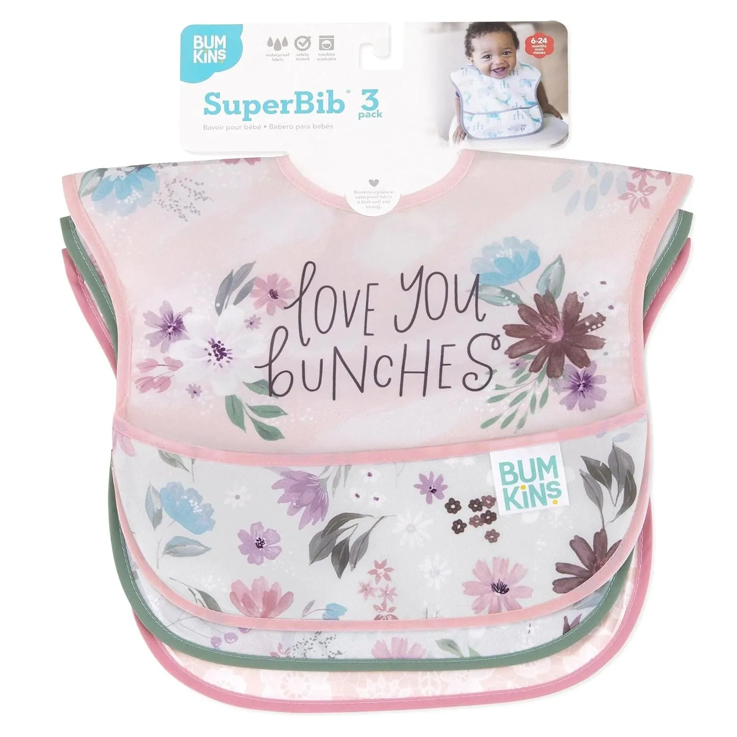 Bumkins Bibs for Girl or Boy, SuperBib Baby and Toddler for 6-24 Months, Essential Must Have for Eating, Feeding, Baby Led Weaning Supplies, Mess Saving Catch Food, Fabric 3-pk Floral and Lace